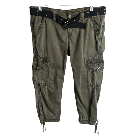 Rock Revival Size 27 Cropped Cargo Pants Slate Grey Belted Punk Y2K Low Rise - Picture 1 of 11